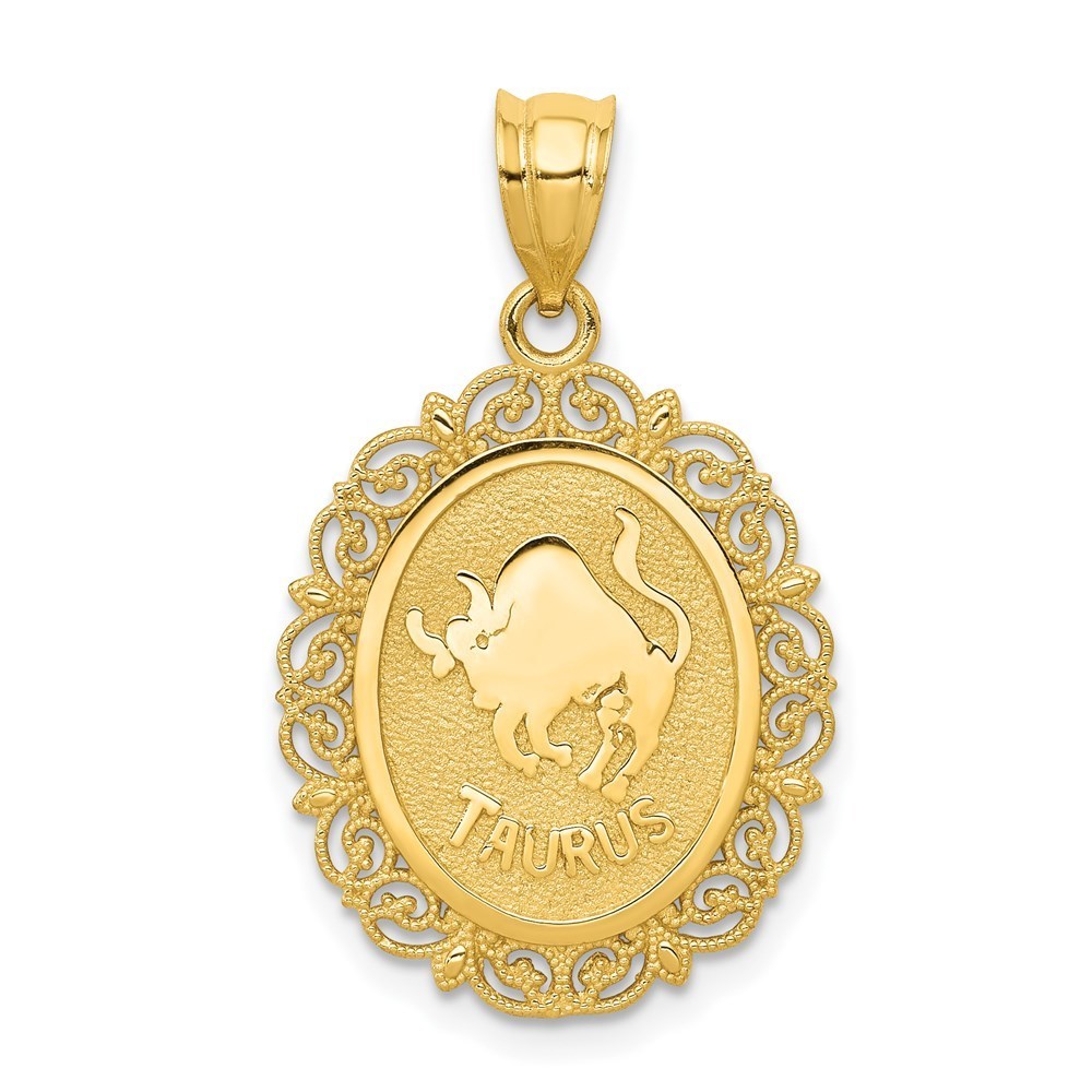 Million Charms 14k Yellow Gold Solid Satin Taurus Zodiac Oval Charm Pendant